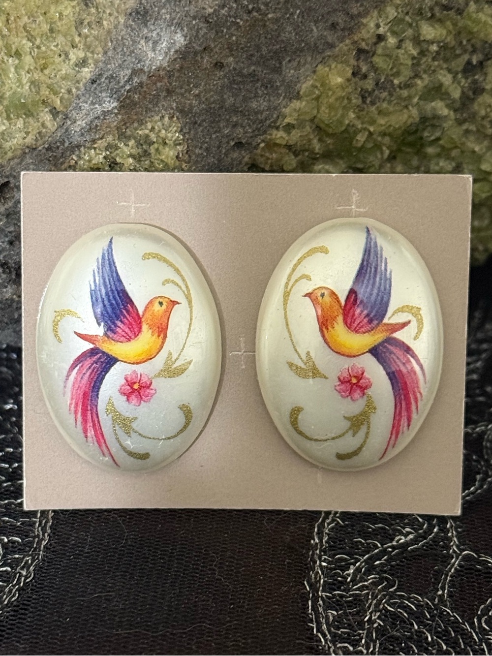 Vintage Avon "Pretty Plume" Bird of Paradise pearlized acrylic pierced earrings.
